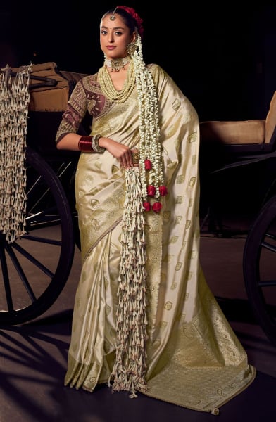 Off White Pure Viscose Tissue Saree with Embroidered Blouse