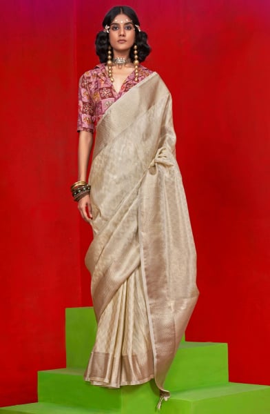 Off White Pure Viscose Zari Tissue Silk Saree