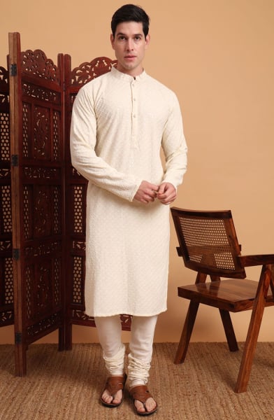 Off White Rayon Kurta Set for Men