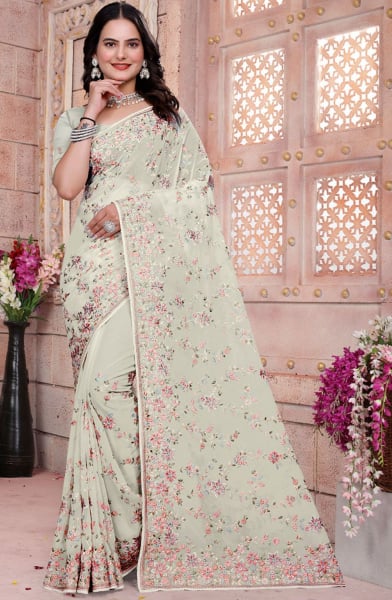 Off White Resham Embroidered Georgette Saree