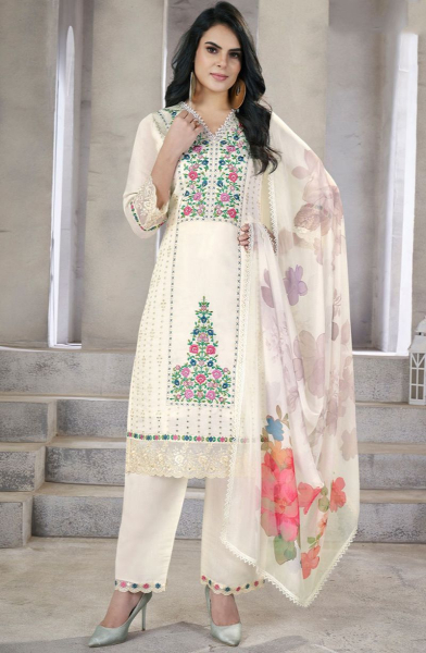 Off White Resham Embroidered Silk Readymade Suit