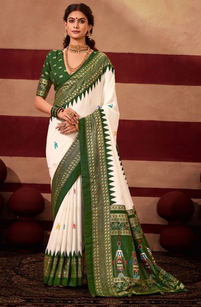 Off White Sambhalpuri Foil Print Temple Wear Saree