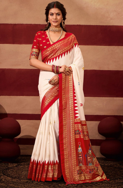 Off White Sambhalpuri Foil Print Temple Wear Saree