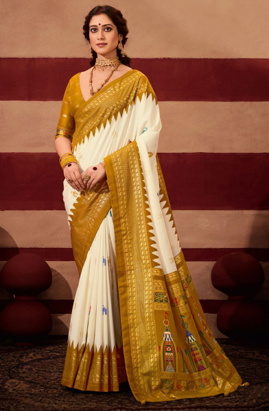 Off White Sambhalpuri Foil Print Temple Wear Saree
