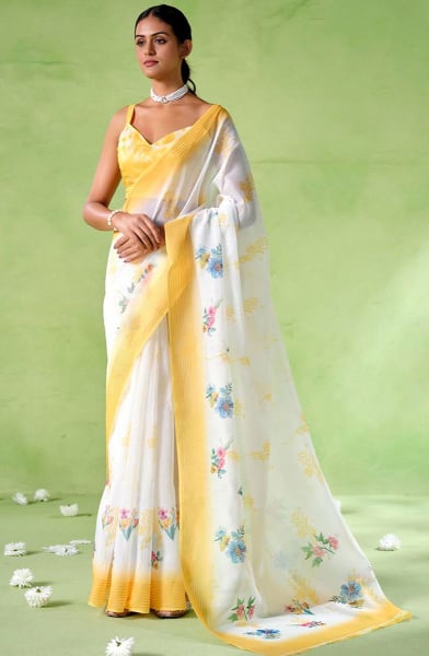 Off White Silk Blend Printed Saree