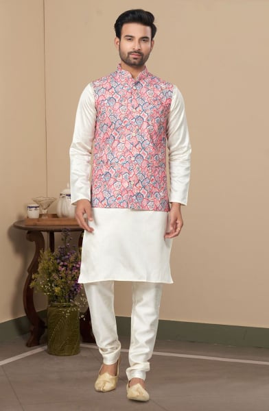 Off White Silk Kurta Pyjama with Multicolor Jacket