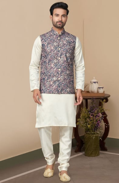 Off White Silk Kurta Pyjama with Multicolor Jacket