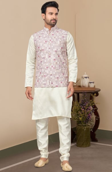 Off White Silk Kurta Pyjama with Off White Jacket