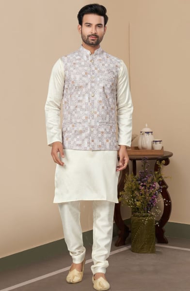 Off White Silk Kurta Pyjama with Off White Jacket