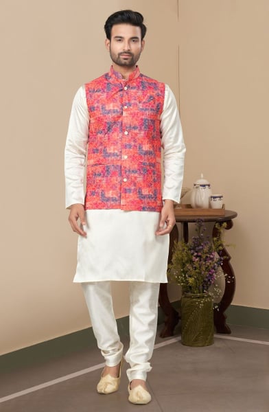 Off White Silk Kurta Pyjama with Red Jacket