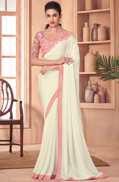 Off White Silk Saree with Embroidered Blouse