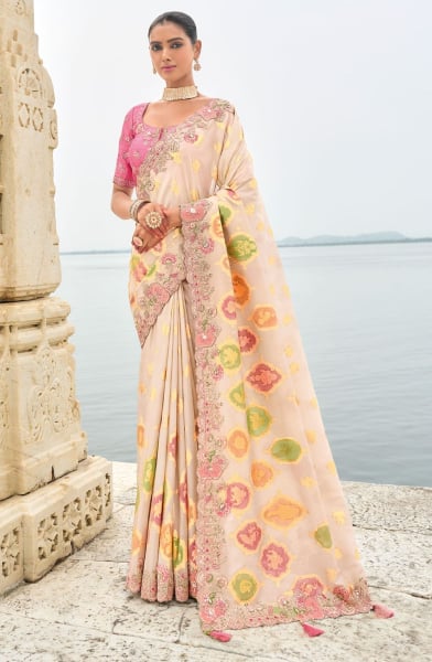 Off White Tissue Silk Embroidered Designer Saree 