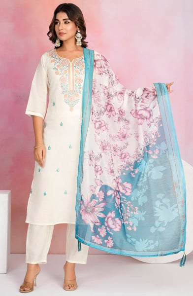 Off White Viscose Chanderi Readymade Pant Kameez