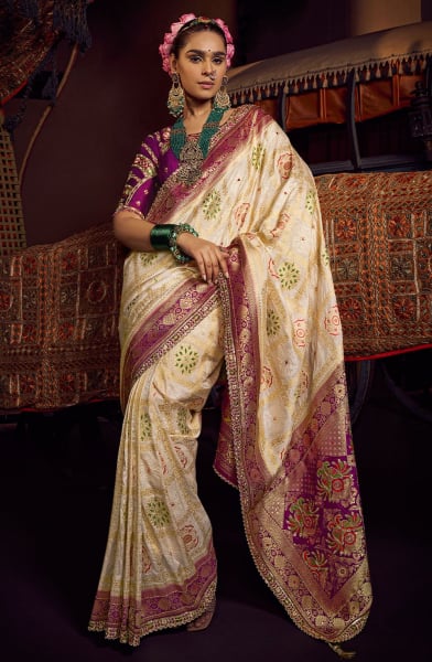Off White Viscose Dola Saree with Embroidered Blouse