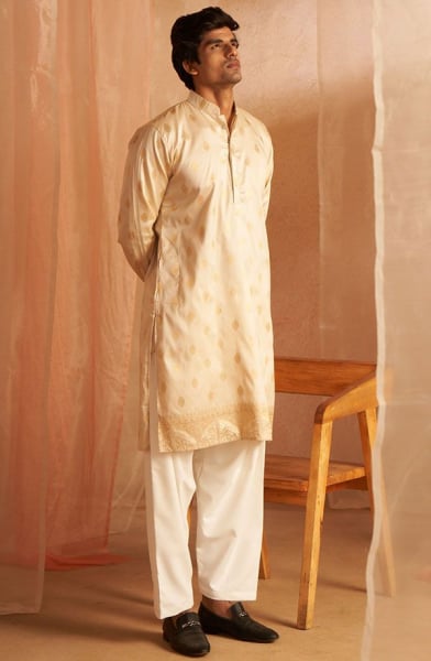 Off White Viscose Men Kurta Set