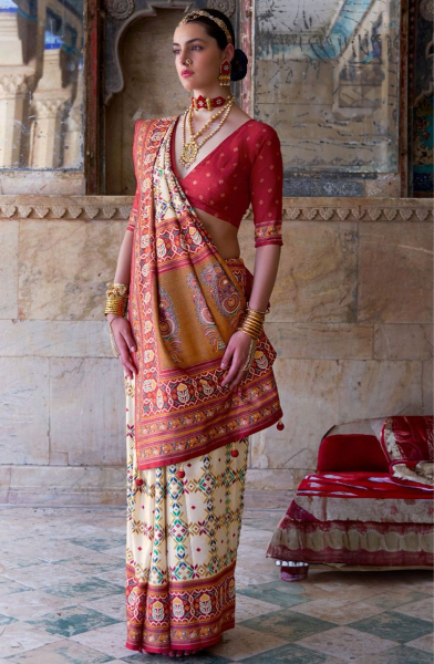 Off White Viscose Silk Saree with Patola Print