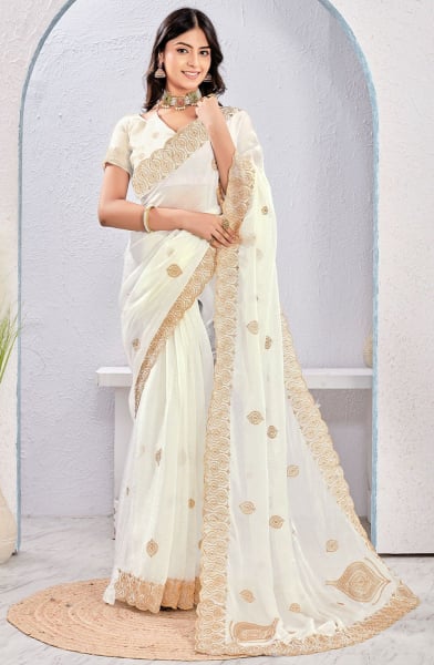 Off White Zari Embroidered Fendi Silk Saree