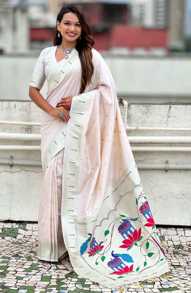 Off White Zari Woven Paithani Silk Saree