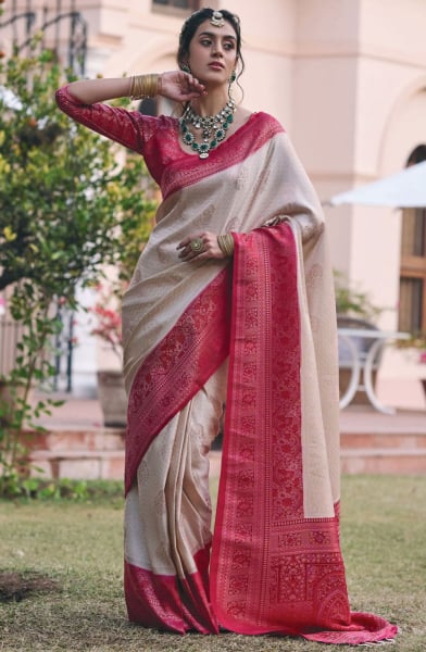 Off White Zari Woven Satin Saree for Wedding