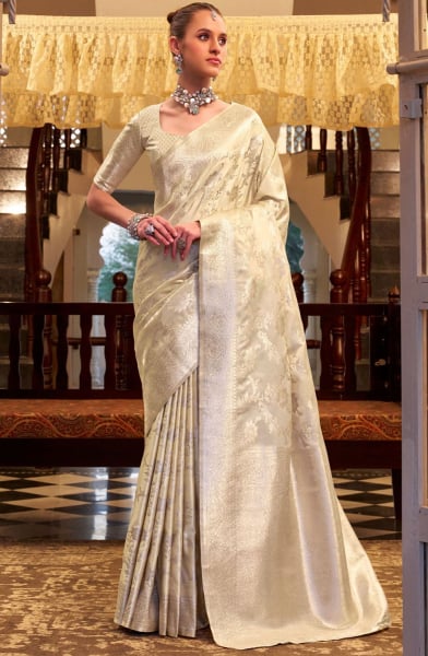 Off White Zari Woven Satin Silk Saree