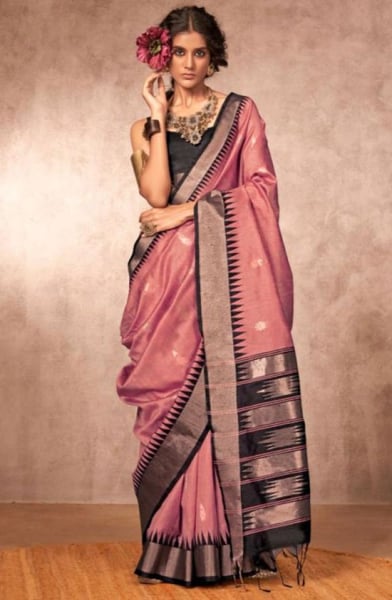 Old Rose Bhagalpuri Silk Saree with Gadhwal Border