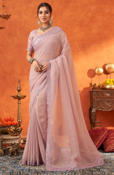 Old Rose Chiffon Silk Saree with Embroidered Blouse