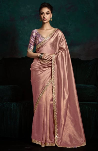 Old Rose Embroidered Designer Saree for Wedding