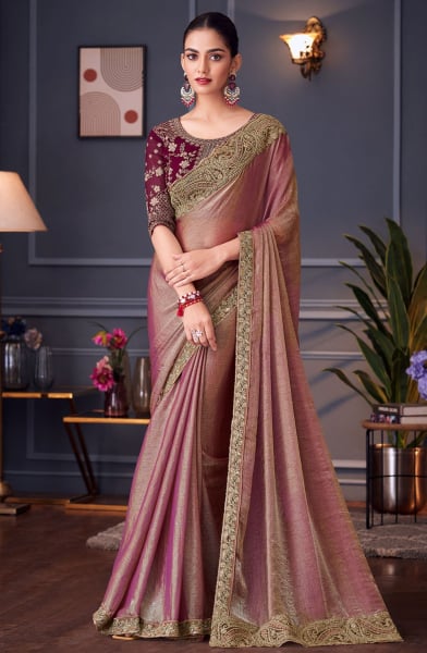 Old Rose Embroidered Double Tone Silk Designer Saree
