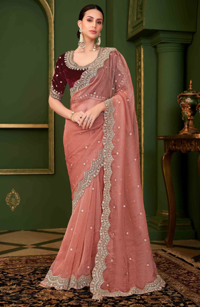 Old Rose Embroidered Georgette Silk Saree