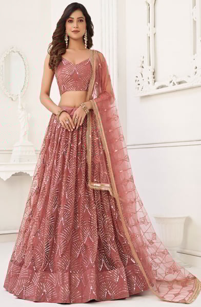 Old Rose Embroidered Net Lehenga Choli