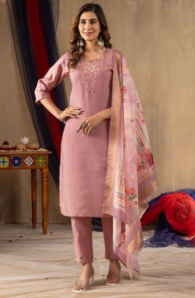 Old Rose Embroidered Shimmer Silk Pant Kameez