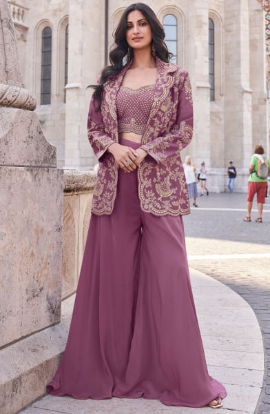 Old Rose Embroidered Silk Designer IndoWestern