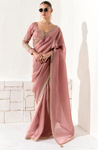 Old Rose Embroidered Tissue Designer Saree