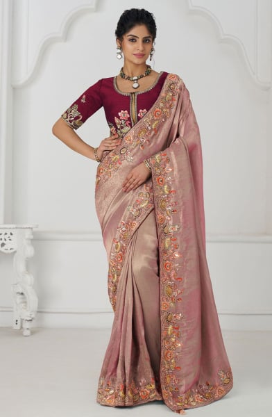 Old Rose Handwork Pure Viscose Silk Designer Saree