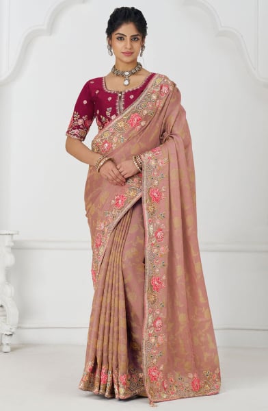 Old Rose Handwork Pure Viscose Silk Designer Saree