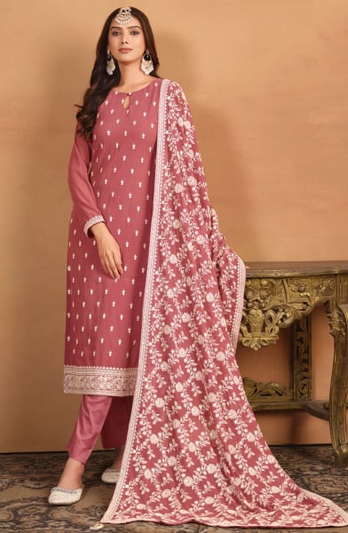 Old Rose Pink Embroidered Faux Georgette Pant Kameez