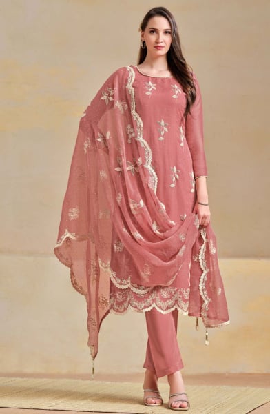 Old Rose Pink Embroidered Organza Chiffon Pant Kameez