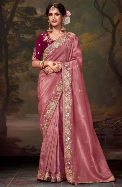 Old Rose Pink Embroidered Tissue Organza Saree