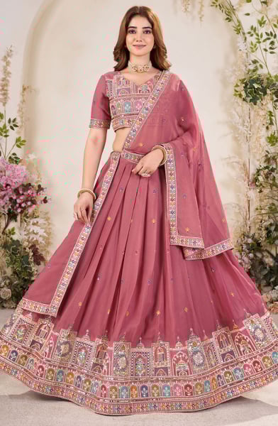 Old Rose Pink Georgette Sequins Embroidered Lehenga Choli Set