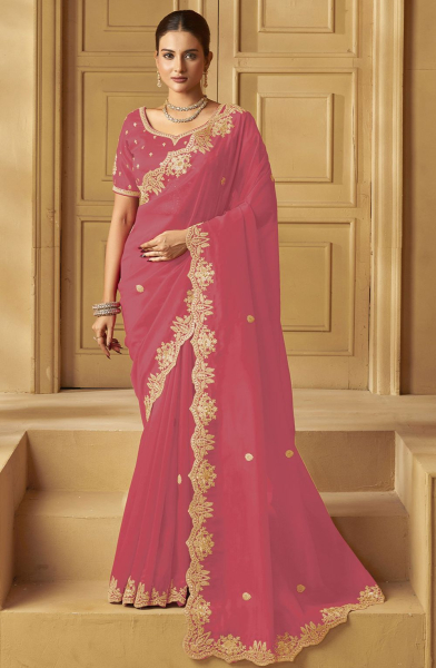 Old Rose Pink Heavy Organza Embroidered Saree for Ceremonial