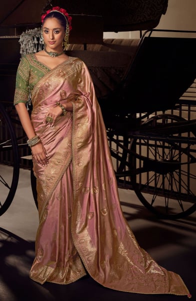 Old Rose Pink Pure Viscose Tissue Saree with Embroidered Blouse