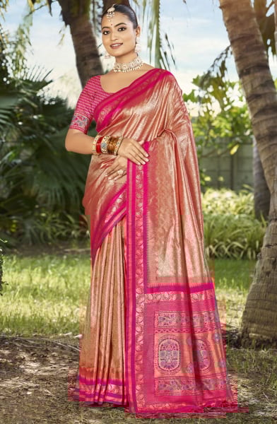 Old Rose Pink Silk Woven Work Saree