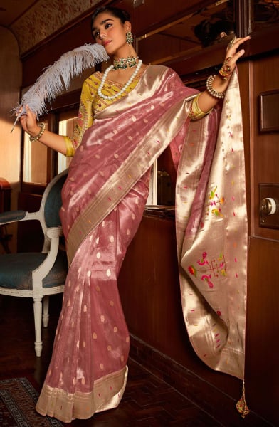 Old Rose Pink Woven Tissue Paithani Silk Saree