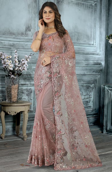 Old Rose Resham Embroidered Net Saree