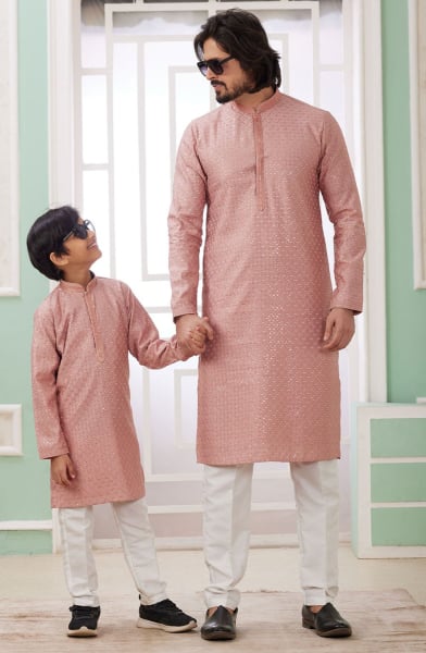 Old Rose Sequins Embroidered Art Silk Kurta Set Combo