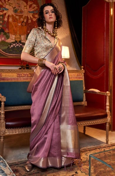 Old Rose Woven Moss Chiffon Saree