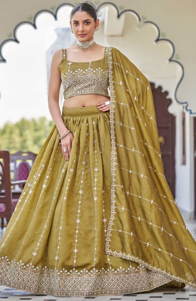 Olive Embroidered Silk Lehenga Choli for Ceremonial