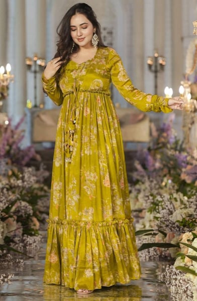 Olive Green Chinnon Plus Size IndoWestern