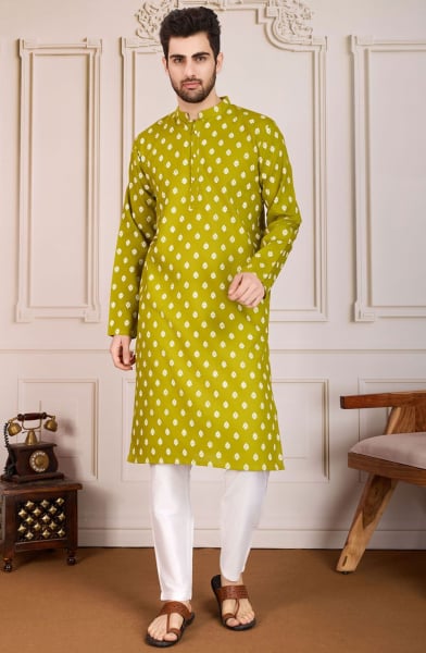 Olive Green Cotton Printed Kurta Pyjama Set