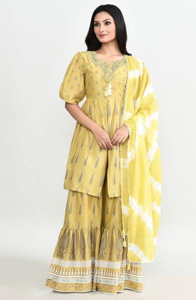 Olive Green Cotton Readymade Sarara Kameez Suit